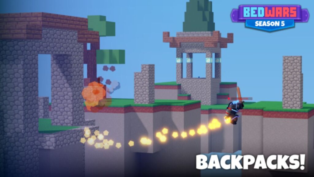Feature image for our BedWars codes guide. It shows a blocks landscape with a character wielding a sword flying across the gap using a jetpack.