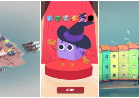 Feature image for our Best New Android Sales And Deals This Week feature.It shows an island with troops on in Bad North, a dice wizard form Dicey Dungeons, and a row of colorful houses from Townscaper.