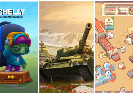 Feature image for our best new Android updates this week. It shows the Ziiba character Shelly, tank promo art from World Of Tanks Blitz, and a factory floor screen from Hamster Bag Factory Tycoon.