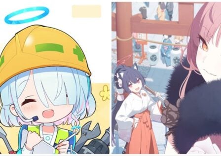 feature image for our blue archive jp downtime news article, the image features official art of a character from the game wearing a hardhat surrounded by tools, as well as promo art of some characters stood on steps by a tori gate