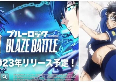 feature image for our blue lock blaze battle news, the image features a screenshot of isagi kicking a ball from the official preview video for the game, as well as promo art for the game with the game's logo, release year and art of the characters isagi and rin as blue flames shine around their eyes