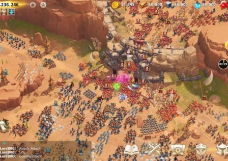 Feature image for our Call of Dragons news. It shows a battlefield with huge numbers of units clashing at a gate.