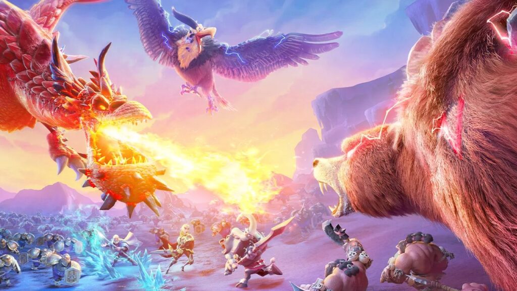 Feature image for our Call Of Dragons codes guide. It shows a battle, with smaller troops running towards each other, and huge creatures, a dragon breathing fire, a huge bird wreathed in lightning, and a giant bird, face off,