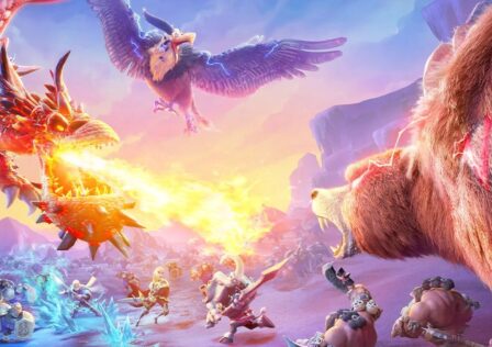 Feature image for our Call Of Dragons codes guide. It shows a battle, with smaller troops running towards each other, and huge creatures, a dragon breathing fire, a huge bird wreathed in lightning, and a giant bird, face off,