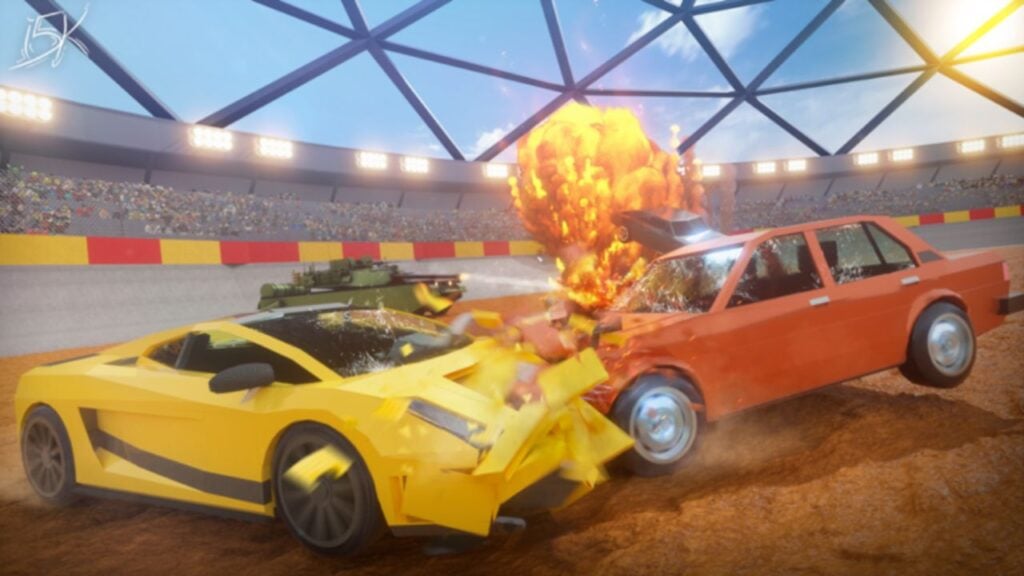 Feature image for our Car Crushers 2 codes guide. It shows two cars colliding with each other, and an explosion.