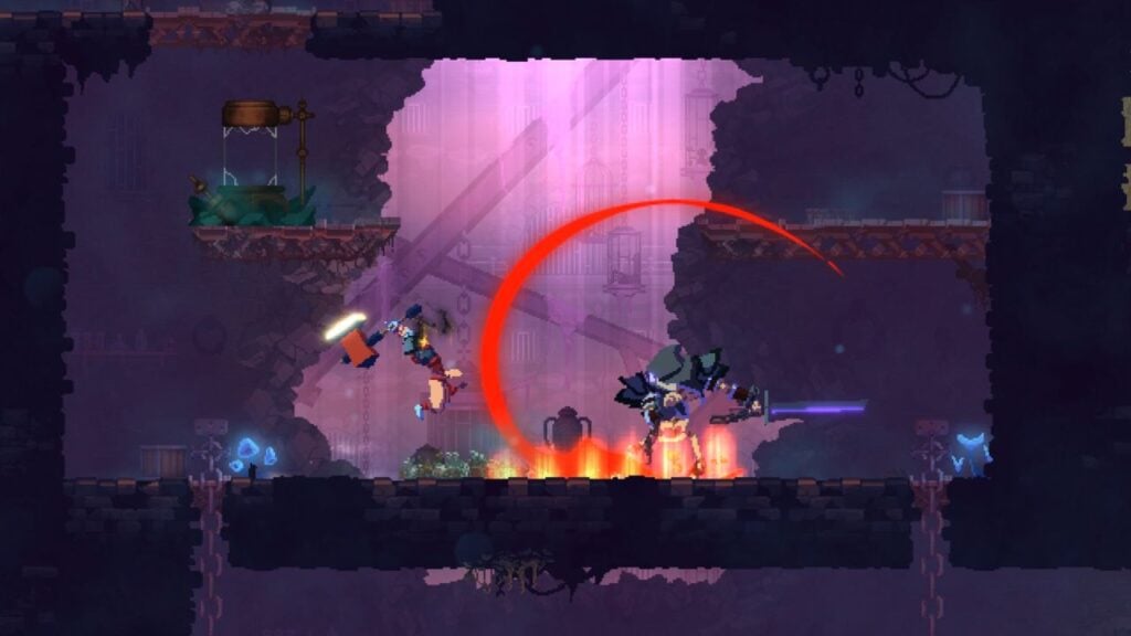 Feature image for our Dead Cells Android sale news piece. It shows the Beheaded player characters fighting with an enemy in a small room.