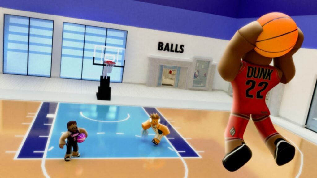 Feature image for our Dunking Simulator codes guide. It shows three Roblox characters on a basketball court, with one jumping into the air while holding the ball.