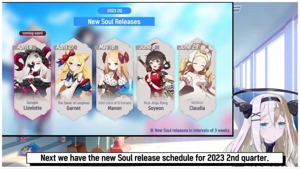 feature image for our eversoul Q2 roadmap news, the image features a screenshot from the Q2 roadmap video with the character mephi acting as a news broadcaster as she showcases the upcoming characters in the game alongside their names and release dates, from left to right there is lizelotte, garnet, manon, soyeon, and claudia with the text "new soul releases in intervals of 3 weeks"