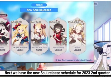feature image for our eversoul Q2 roadmap news, the image features a screenshot from the Q2 roadmap video with the character mephi acting as a news broadcaster as she showcases the upcoming characters in the game alongside their names and release dates, from left to right there is lizelotte, garnet, manon, soyeon, and claudia with the text "new soul releases in intervals of 3 weeks"