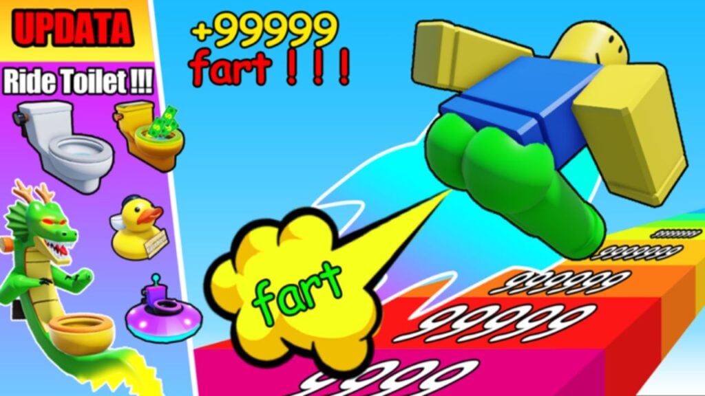 Feature image for our Fart Race codes guide. it shows a Roblox character flying through the air along a track, and a range of toilets.