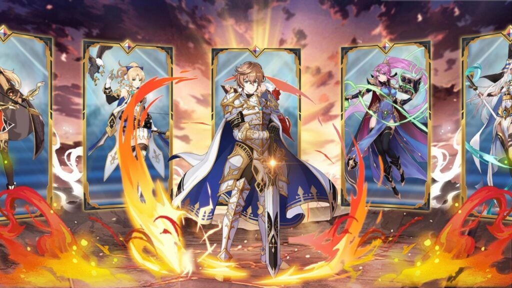 Feature image for our Fate Fantasy soft release news piece. It shows the protagonist of Fate Fantasy standing with a sword surrounded by impressions of other characters set onto large cards around him.
