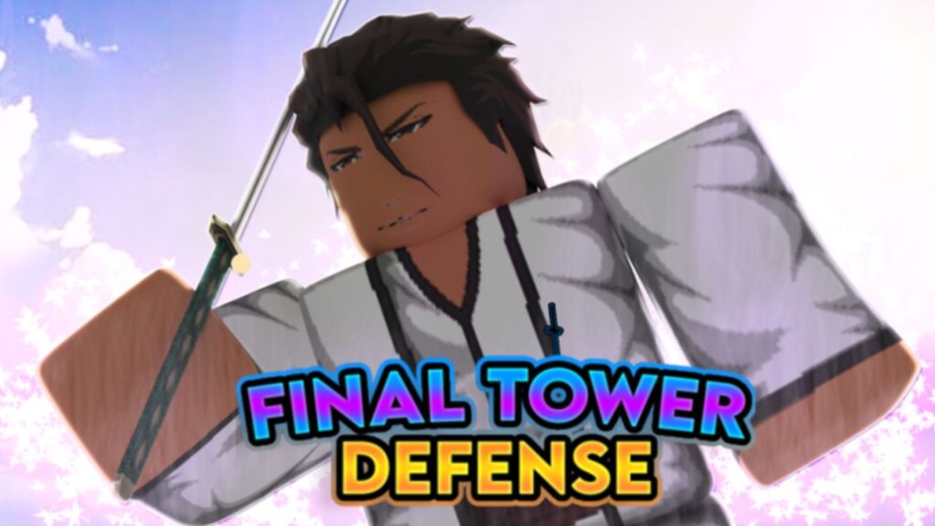 Feature image for our Final Tower Defense codes guide. It shows a Roblox version of an anime character, with a blue sky behind them.