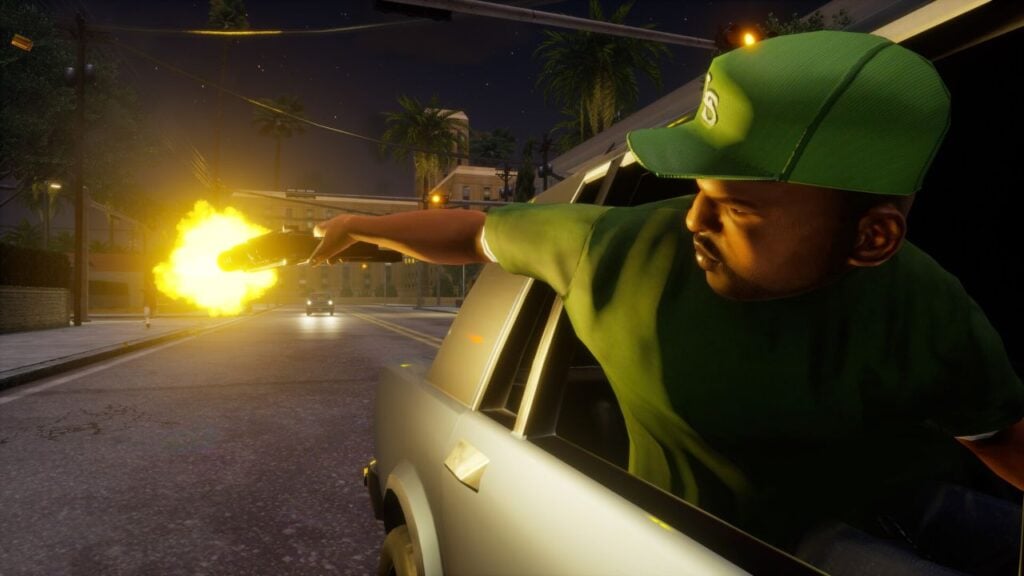 Feature image for our Grand Theft Auto: San Andreas AetherSX2 fan patch news. It shows a scene from the game with a character leaning out of a car window, firing a handgun.