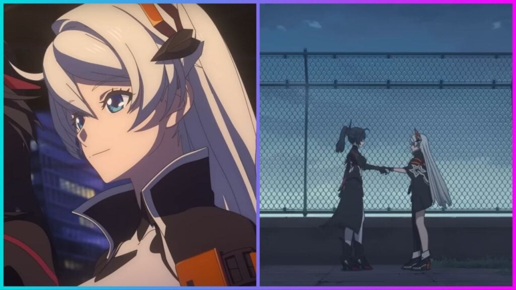 feature image for our honkai impact 3rd animation news article, the image features screenshots from the animation of main character kiana smiling and kiana and raiden mei holding hands as they stand on the roof of a building with a sunset behind them