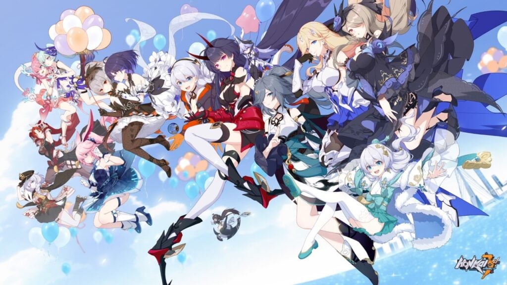 The featured image for our Honkai Impact new engine article, featuring a plethora of characters from the game gathered in the sky.