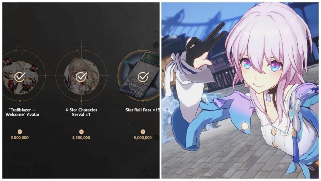 feature image for our honkai: star rail pre-registration rewards news article, the image features a screenshot from the game of a character as she does the peace sign and poses for a photo, as well as a screenshot from the game's website showcasing the pre-registration milestones and the rewards