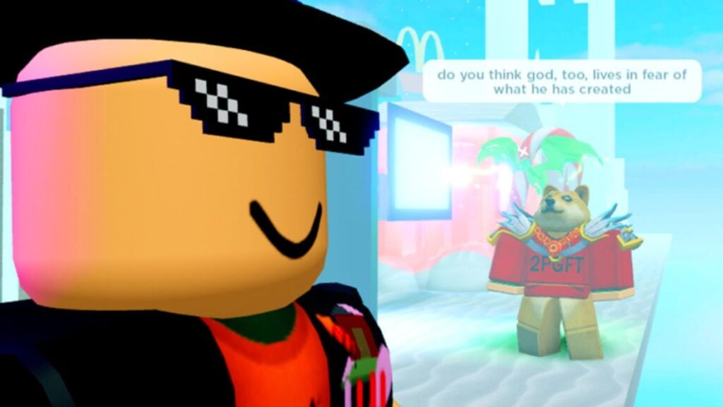 Feature image for our Horrific Housing codes guide. It shows a Roblox character in sunglasses and another with a shiba inu head, with the text 'do you think god, too, lives in fear of what he has created'.