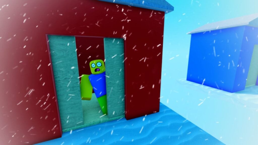 Feature image for our Horrific Housing secrets guide. It shows a Roblox player peering out of the door of a house on a floating platform. There is heavy snow and ice on the platform. The character looks alarmed.