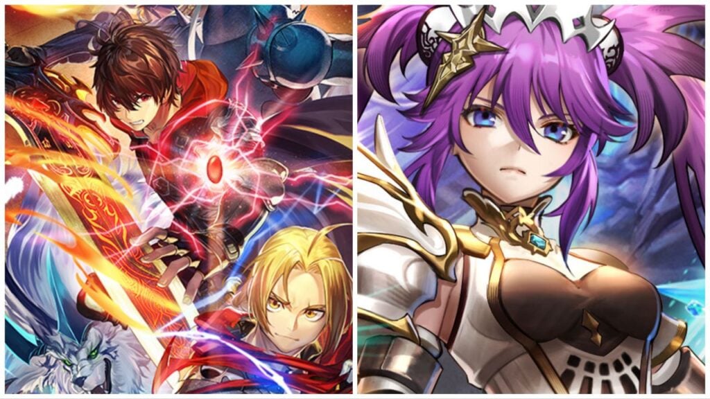 feature image for our last cloudia fullmetal alchemist collab news article, the image features promo art for the game of fullmetal alchemist characters wielding their weapons as they surround a glowing red crystal, there is also promo art of a character from last cloudia as she wears armor