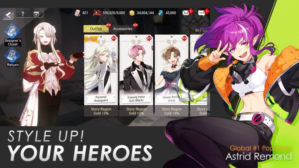 Feature image for our Lord Of Heroes tier list. It shows art of the character Astrid along with the text 'Style Up Your Heroes' along with an outfit selection screen.