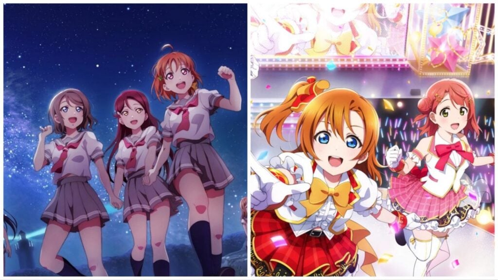 feature image for our love live school idol festival 2 launch news article, the image features promo art for the game of popular characters from the franchise, with three idols holding hands as they run with a sky full of stars above them, there is also promo art of two characters performing on stage in their idol costumes as the audience holds glow sticks
