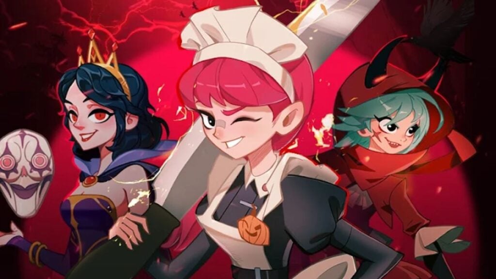 Feature image for our Madtale codes guide. It shows three characters agai8nst a dark red background. A dark-haired, red-eyed woman in a dress and tiara with a floating spooky mask in her hand. a pink-haired woman in a maid's uniform with a huge knife against one shoulder, and a turquoise-haired woman with a red hooded outfit on and horns sticking through the hood.