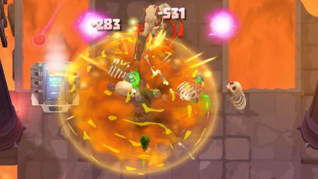Feature image for our Mighty Doom tier list. It shows the Mini Slayer character fighting, with a flaming AoE around him.