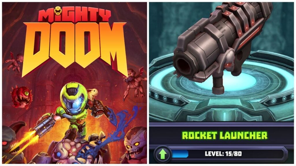 feature image for our mighty doom release news, the image features promo art for the game of the game's logo as well as a drawing of a small version of doom guy and hordes of demons, there is also a screenshot from the game of the rocket launcher with the weapon name below and the level of the weapon