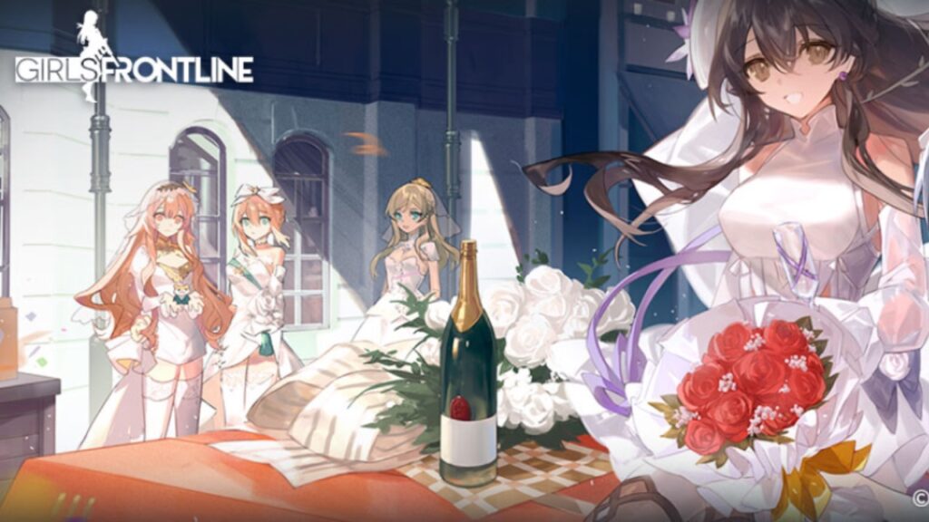 The featured image for our article covering a son's mother playing Girls Frontline, featuring four women from the game dressed in white dresses. They look towards the camera, and the game's logo sits in the top left corner of the screen.
