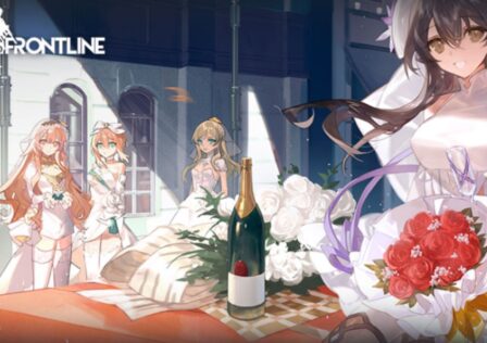 The featured image for our article covering a son's mother playing Girls Frontline, featuring four women from the game dressed in white dresses. They look towards the camera, and the game's logo sits in the top left corner of the screen.