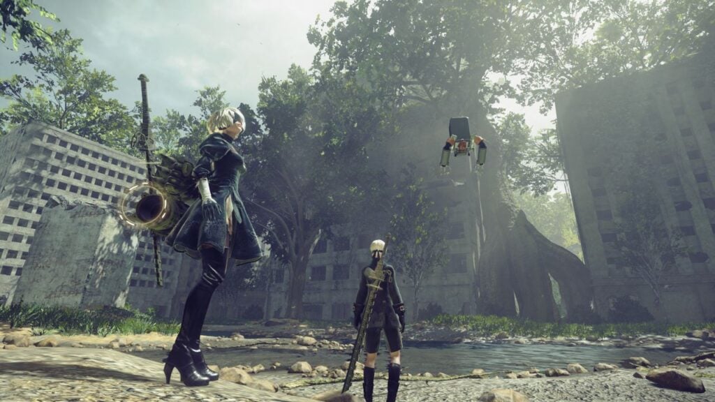 Feature image for our NieR: Automata Android news. It shows characters 2B and 9S stood in a sunny clearing.