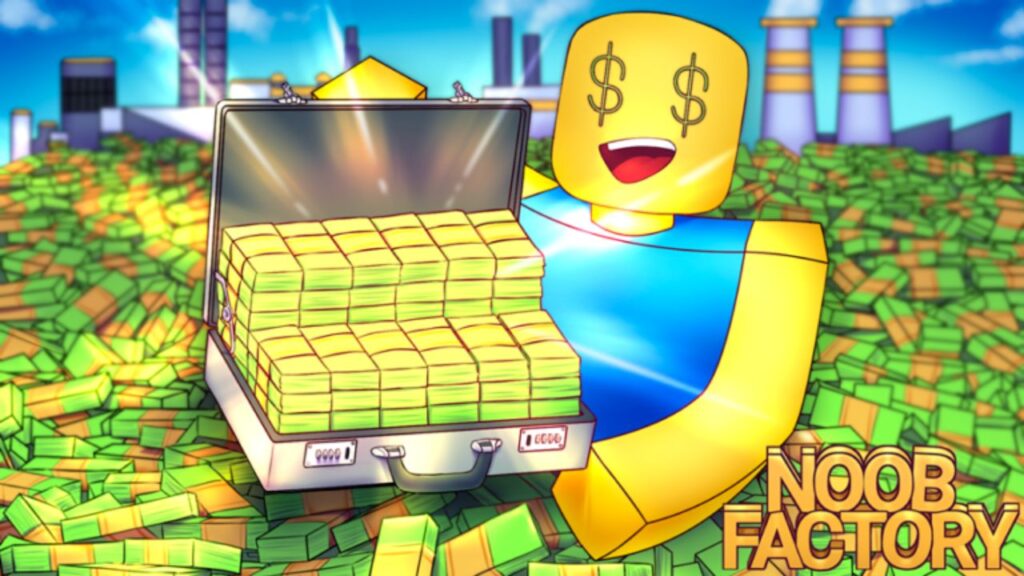 Feature for our Noob Factory Simulator codes guide. it shows a Roblox character with the default textures with dollar signs in its eyes. It is surrounded by money and is opening a brief case full of money. There are factory chimneys in the background.