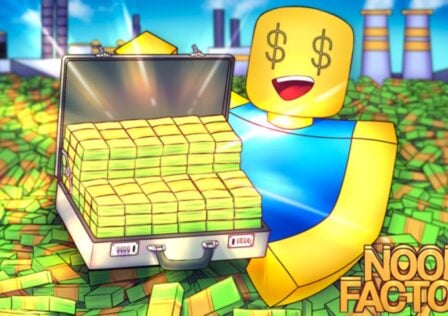 Feature for our Noob Factory Simulator codes guide. it shows a Roblox character with the default textures with dollar signs in its eyes. It is surrounded by money and is opening a brief case full of money. There are factory chimneys in the background.