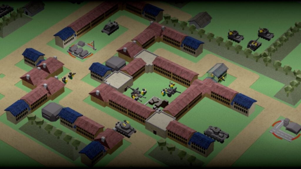 Feature image for our Noobs In Combat codes guide. It shows a field covered with buildings, and various tanks and squads.