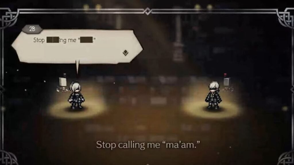Feature image for our news piece on the Octopath NieR collab. It shows sprites of 2B and 9S in-game, with 2B telling 9S 'Stop calling me ma'am.'