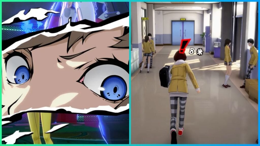 feature image for our persona 5: the phantom x gameplay news, the image features screenshots from the gameplay preview of the main character walking through school halls in their school uniform with an exclamation mark above their head, there is also a screenshot of combat gameplay with the persona 5 eye imagery that is seen in all persona 5 games with the entire face cut off from the art apart for the eyes that have a stern expression