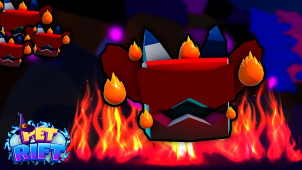 Feature image for our Pet Rift codes guide. It shows a flying red bed with horns surrounded by orange flames.