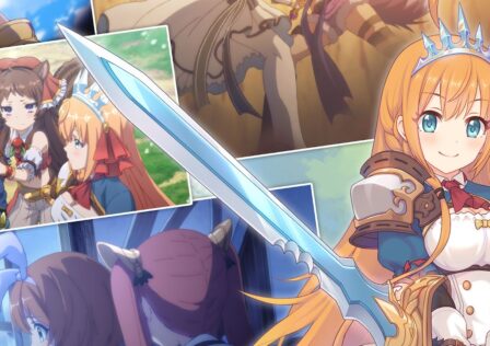 Feature image for our Princess Connect! Re: Dive news piece. It shows an anime character with long red hair, holding a sword and wearing a tiara. She is stood in front of frames that show various fantasy anime scenes.