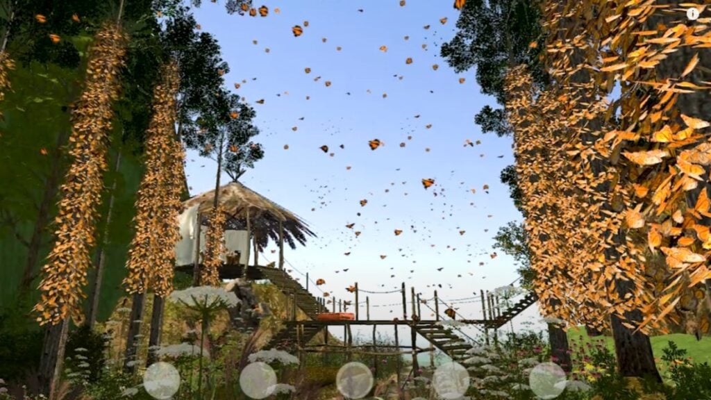 Feature image for our Second Life Android news piece. It shows an area in Second life shown inside the mobile viewer. Is is a large garden filled with butterflies.