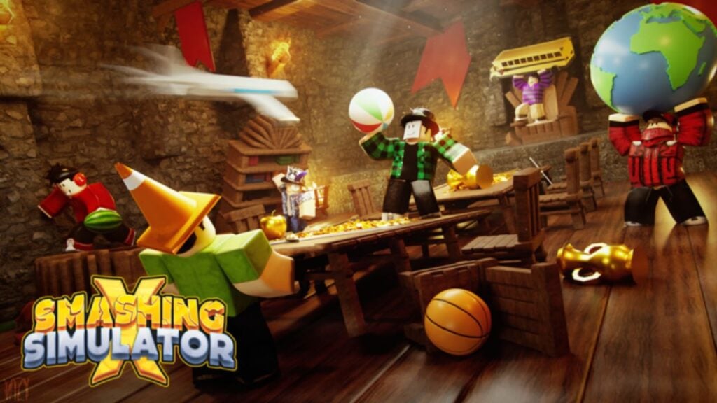 Feature image for our Smashing Simulator X codes guide. It shows a scene with several Roblox characters throwing large objects like balls and a globe around a room.