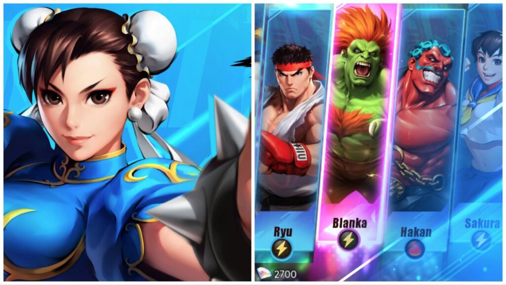 feature image for our street fighter duel servers news article, the image features promo art for the game of chun li and a set of character portraits with their names underneath such as ryu, blanka, hakan, and sakura