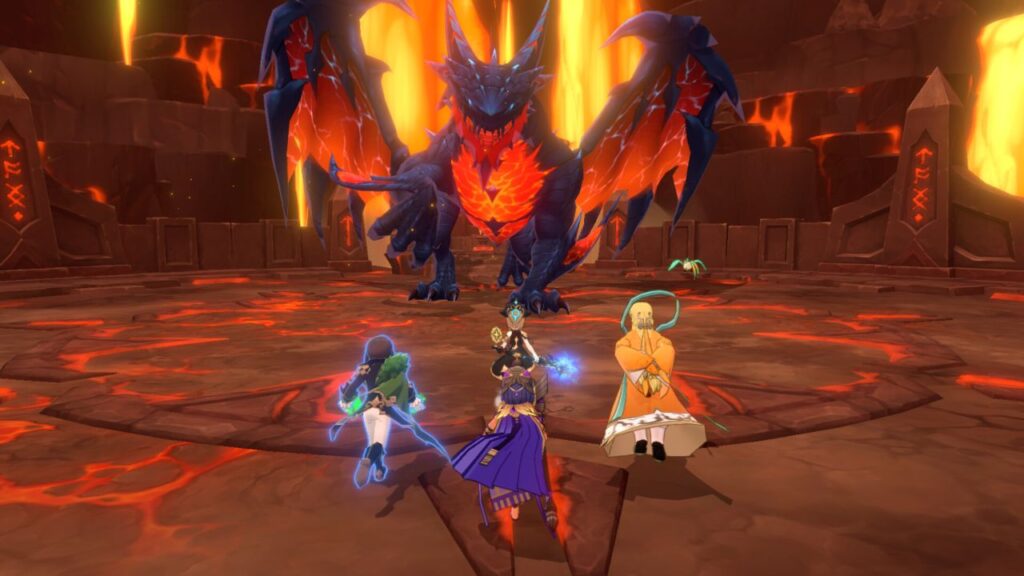 Feature image for our Summoners War: Chronicles codes guide. It shows a summoner and their monsters running towards a large dragon in a volcanic area.