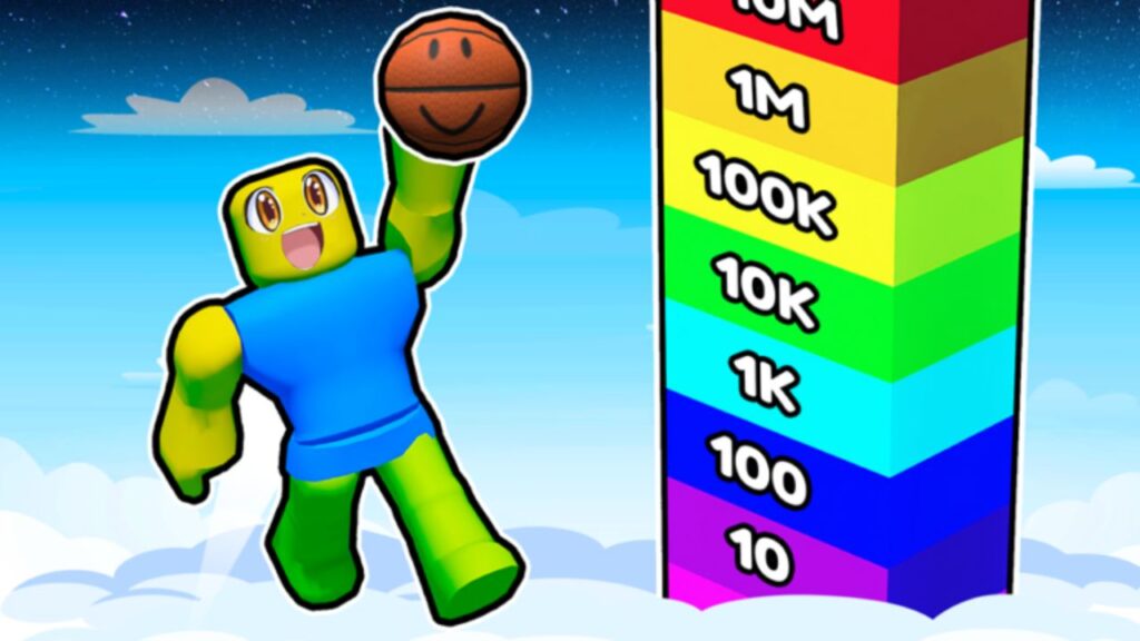 Feature image for our Super Dunk codes guide. It shows a Roblox character jumping upwards with a basketball in his hand and a rainbow tower measuring the jump height.