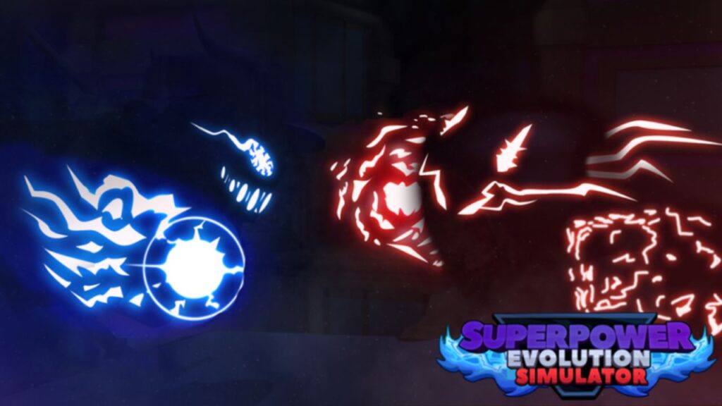 Feature image for our Superpower Evolution Simulator codes guide. It shows two shadowy figures, one wreathed in blue energy, one in red, fighting each other.