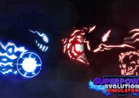 Feature image for our Superpower Evolution Simulator codes guide. It shows two shadowy figures, one wreathed in blue energy, one in red, fighting each other.