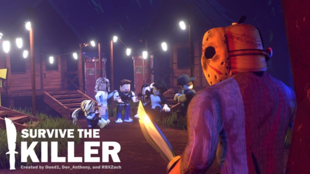 Feature image for our Survive The Killer codes guide. It shows a Roblox reenactment of Friday The 13th, with Roblox characters laughing and chatting in a Summer Camp setting while a Roblox version of Jason waits in the woods.