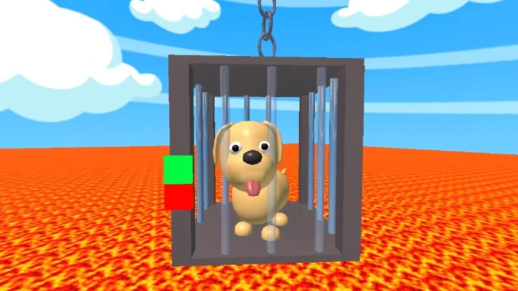 Feature image for our The Floor Is Lava codes guide. It shows a yellow dog model in a cage far above some lava. The dog looks happy.
