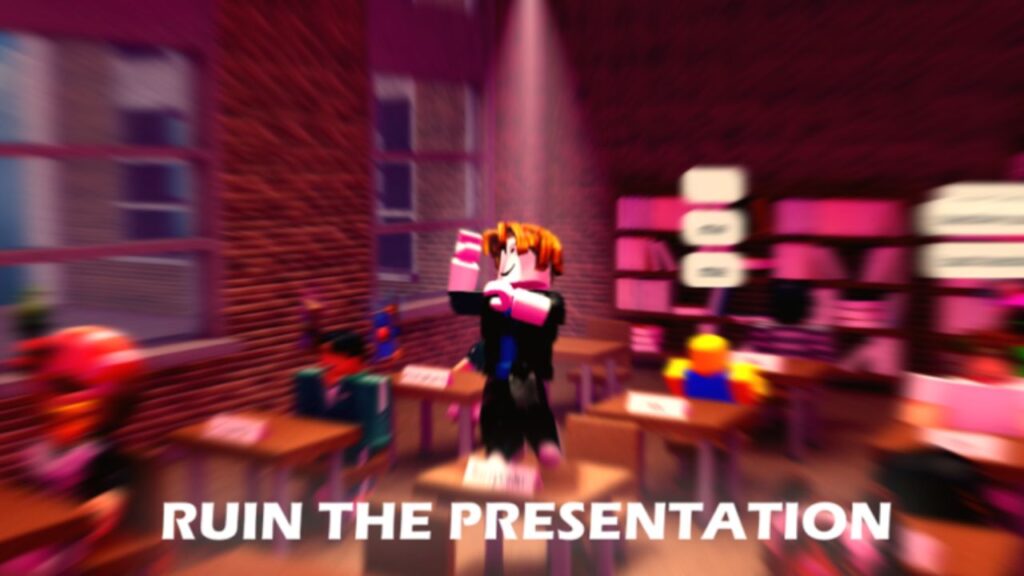Feature image for our The Presentation Experience codes guide. It shows a classroom with a Roblox character dancing furiously on top, with the caption 'Ruin The Presentation'.