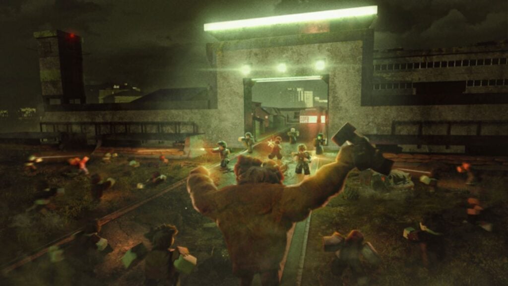 Feature image for our The Resistance Tycoon codes guide. It shows a floodlit gate to a base with a horde of infected approaching, being fired on by soldiers.