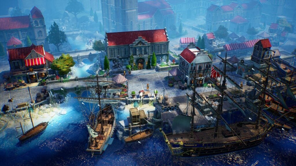 Feature image for our Uncharted Waters Origins tier list. It shows an in-game scene of some ships at a dock.